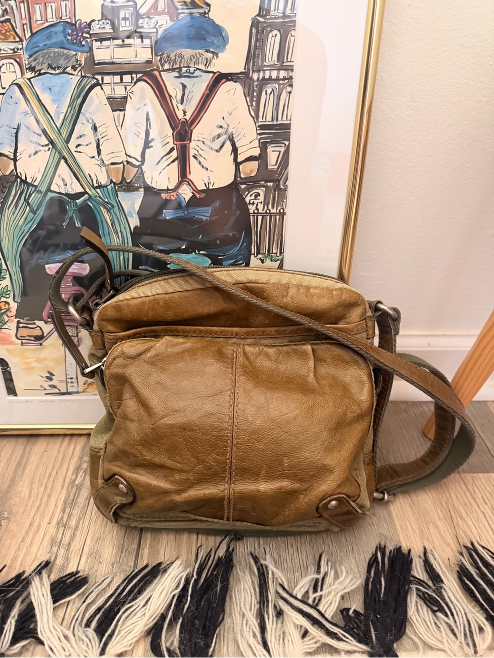 Vintage leather and canvas Fossil bag